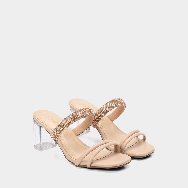 Tamanco Feminino Via Marte Salto Médio Bloco Tira Strass Nude