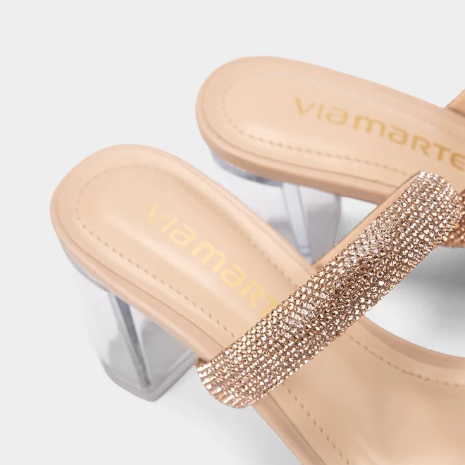 Tamanco Feminino Via Marte Salto Médio Bloco Tira Strass Nude