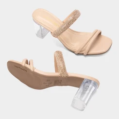 Tamanco Feminino Via Marte Salto Médio Bloco Tira Strass Nude