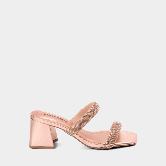 Tamanco Feminino Via Marte Salto Geométrico Tira Strass Metalizada Rose Gold