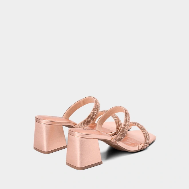 Tamanco Feminino Via Marte Salto Geométrico Tira Strass Metalizada Rose Gold