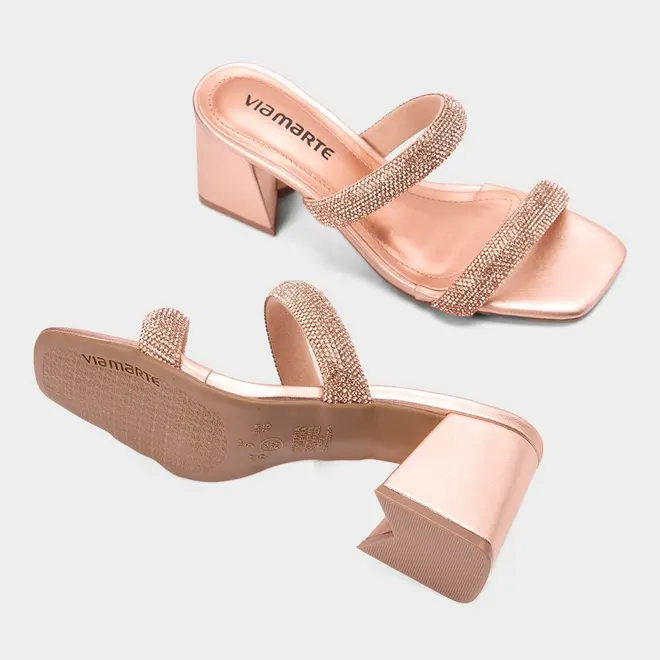 Tamanco Feminino Via Marte Salto Geométrico Tira Strass Metalizada Rose Gold