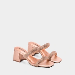 Tamanco Feminino Via Marte Salto Geométrico Tira Strass Metalizada Rose Gold