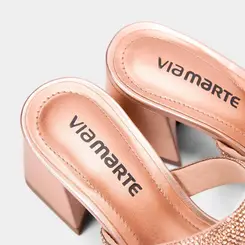 Tamanco Feminino Via Marte Salto Geométrico Tira Strass Metalizada Rose Gold