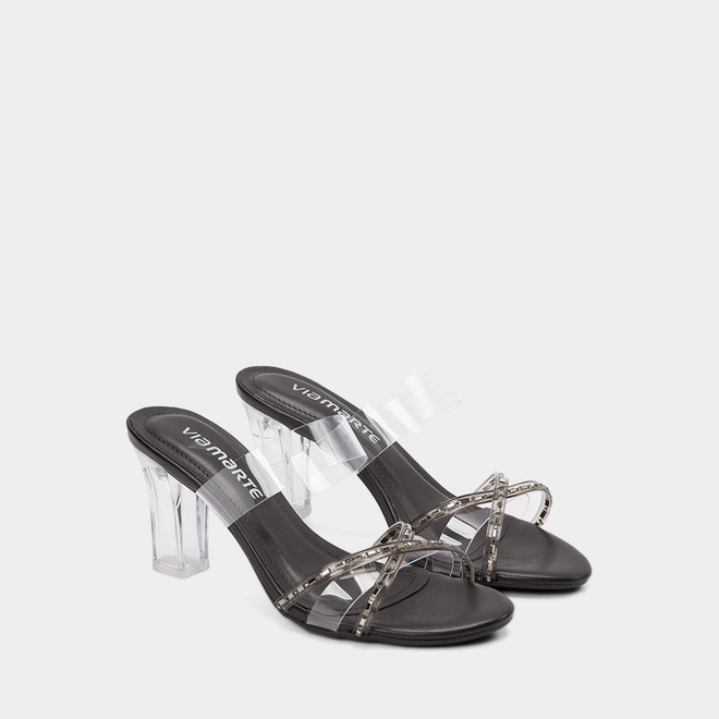 Tamanco Feminino Via Marte Salto Alto Geométrico Detalhe Strass Preto