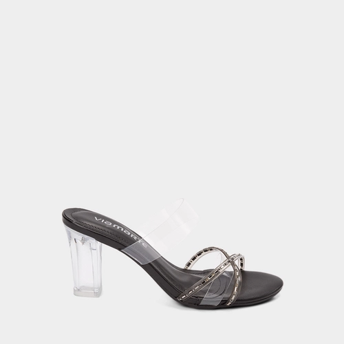 Tamanco Feminino Via Marte Salto Alto Geométrico Detalhe Strass Preto