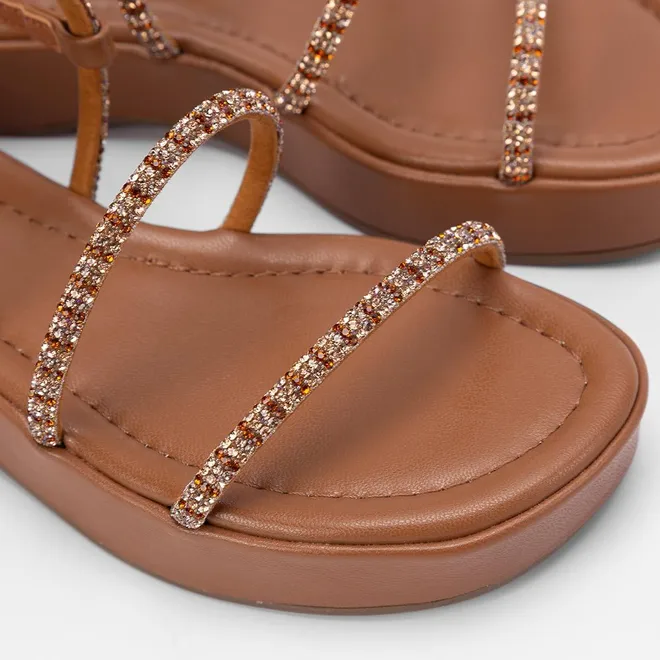 Sandália Flatform Baixa Via Marte Multitiras Em Strass Marrom
