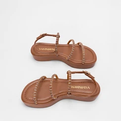 Sandália Flatform Baixa Via Marte Multitiras Em Strass Marrom
