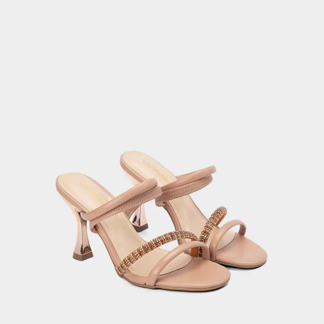 Tamanco Salto Flare Alto Feminino Via Marte Strass Nude