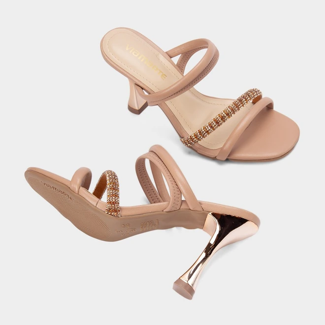Tamanco Salto Flare Alto Feminino Via Marte Strass Nude