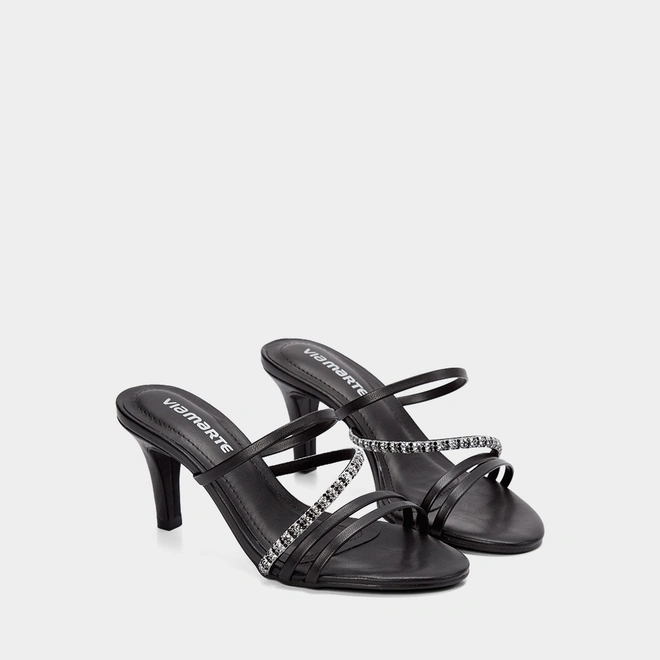 Tamanco Feminino Via Marte Salto Fino Multitiras Detalhe Strass Preto