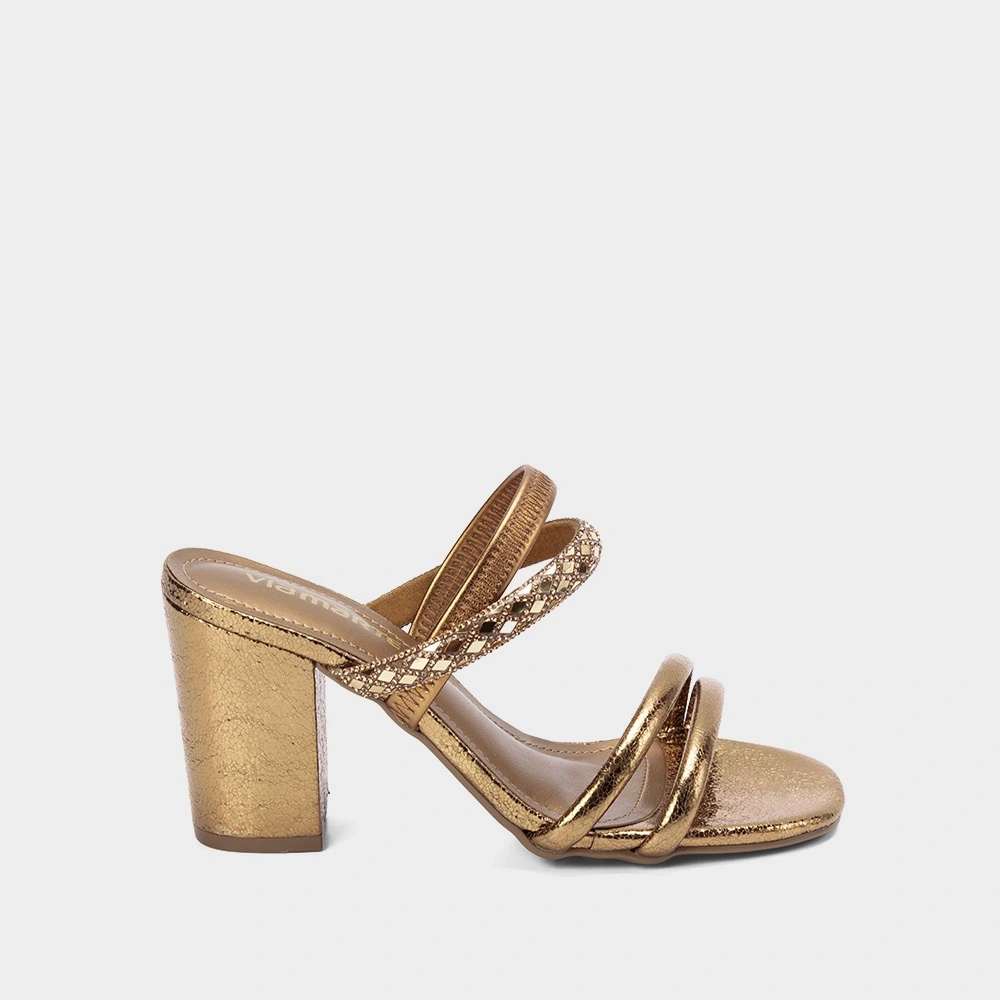 Sandália Via Marte Salto Grosso Tiras em Brilho Metalizado Bronze