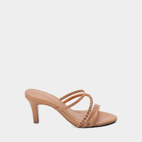 Tamanco Salto Fino Médio Via Marte Multitiras Strass Caramelo