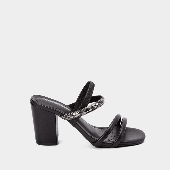 Sandália Via Marte Salto Grosso Tiras em Brilho Metalizado Preto