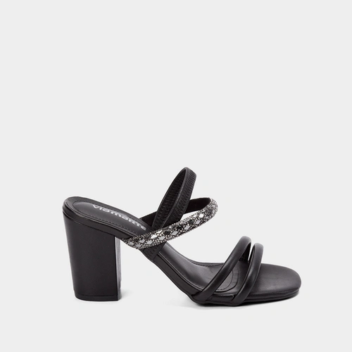 Sandália Via Marte Salto Grosso Tiras em Brilho Metalizado Preto