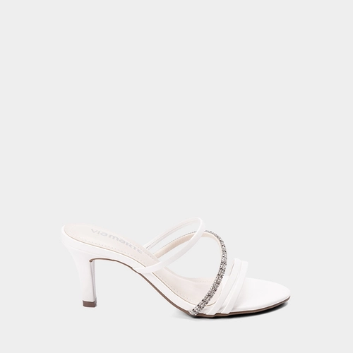 Tamanco Via Marte Salto Alto Tira Dupla Pedraria Branco