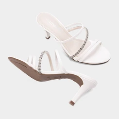 Tamanco Feminino Via Marte Salto Alto Tira Dupla Pedraria Branco