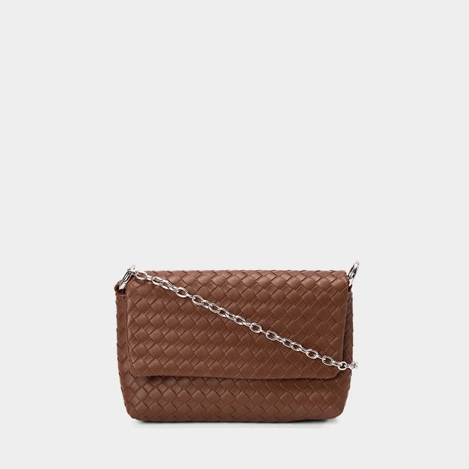 Bolsa Transversal Gabriela Pequena Tressê Alça Corrente Marrom