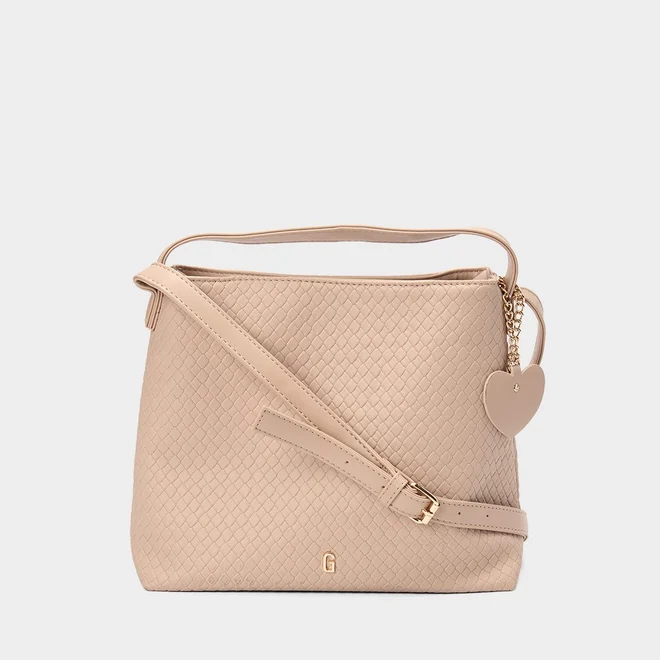 Bolsa Transversal Gabriela Média Tressê Detalhe Coração Bege