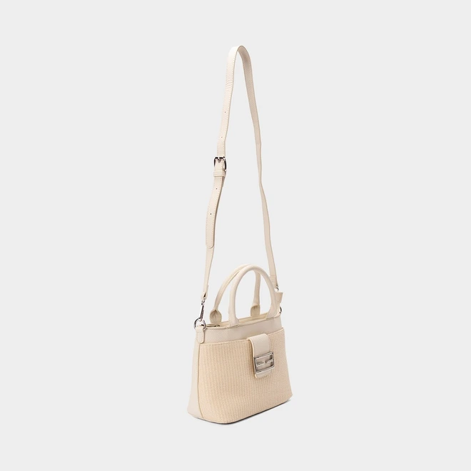 Bolsa Satchel Gabriela Média Transversal Ráfia Detalhe Fivela Marfim