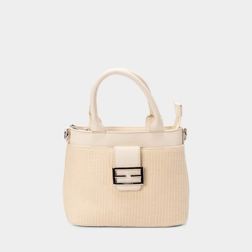 Bolsa Satchel Gabriela Média Transversal Ráfia Detalhe Fivela Marfim