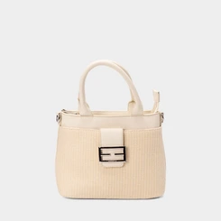 Bolsa Satchel Gabriela Média Transversal Ráfia Detalhe Fivela Marfim