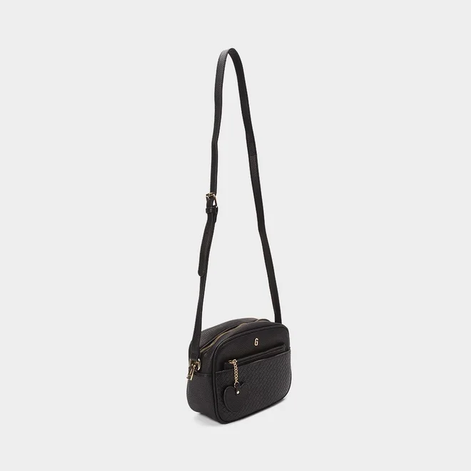 Bolsa Camera Bag Gabriela Média Tressê Com Porta-Cartão Detalhe Coração Preto