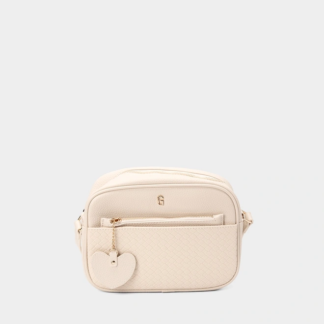 Bolsa Camera Bag Gabriela Média Tressê Com Porta-Cartão Detalhe Coração Off White