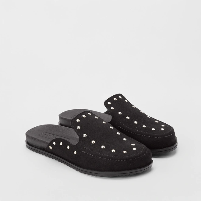 Mule Clog Moleca Detalhe Rebite Camurça Preto