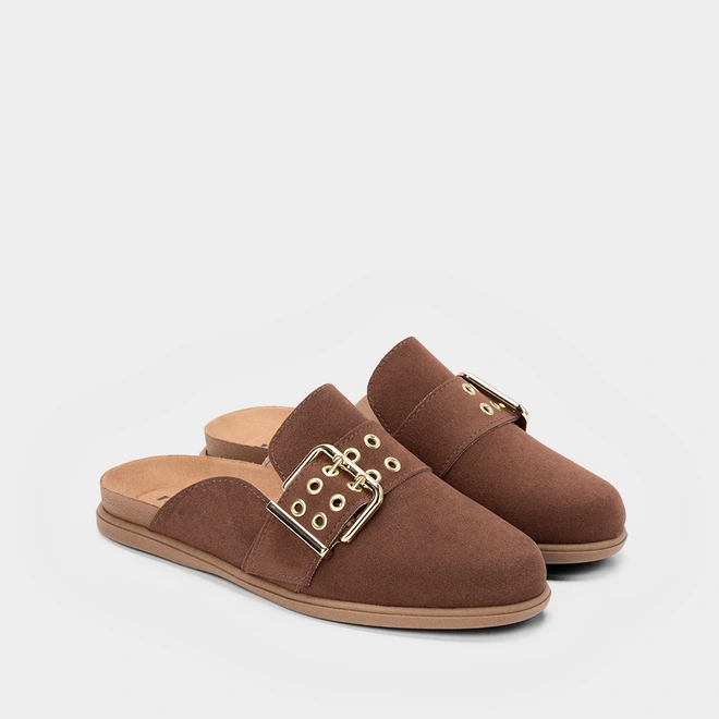 Mule Clog Moleca Camurça Fivela Marrom