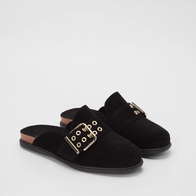 Mule Clog Moleca Camurça Fivela Preto