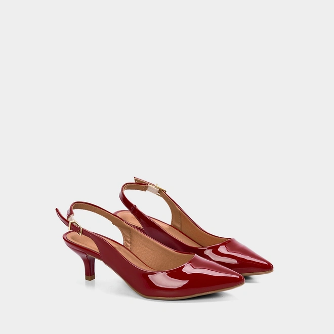 Scarpin Slingback Feminino Gabriela Salto Fino Fivela Verniz Vermelho