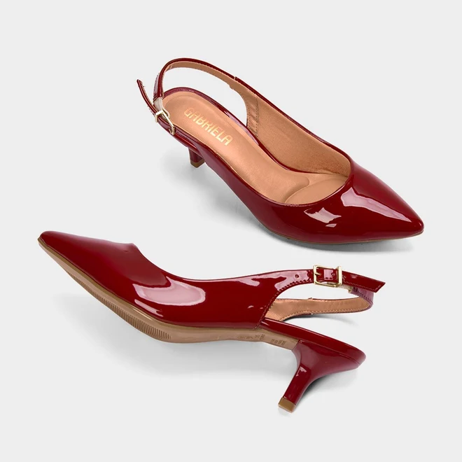 Scarpin Slingback Feminino Gabriela Salto Fino Fivela Verniz Vermelho