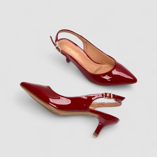 Scarpin Slingback Feminino Gabriela Salto Fino Fivela Verniz Vermelho