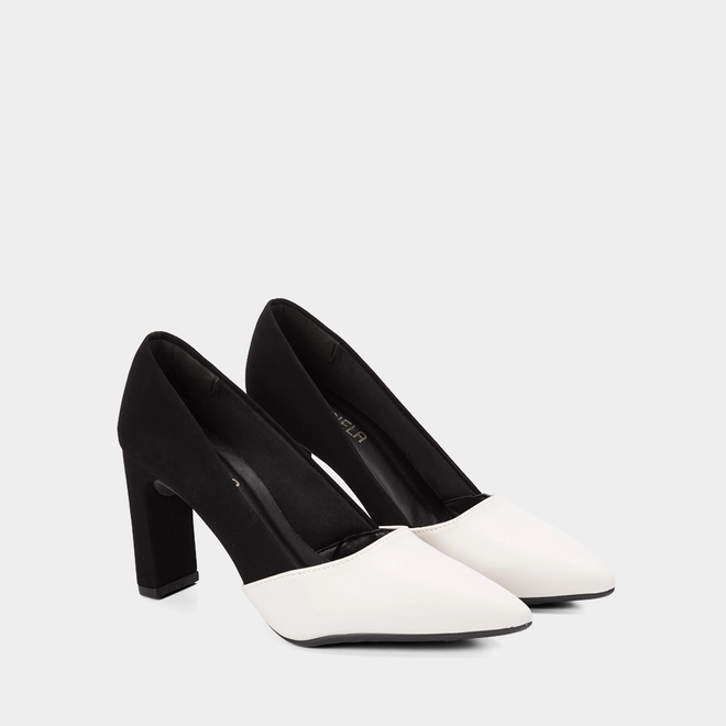 Scarpin Feminino Gabriela Salto Reto Alto Nobuck Preto & Off White