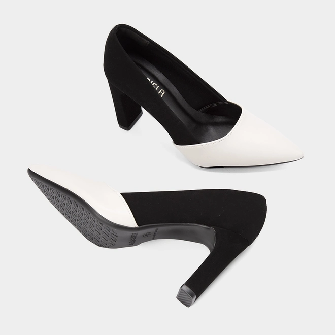 Scarpin Feminino Gabriela Salto Reto Alto Nobuck Preto & Off White