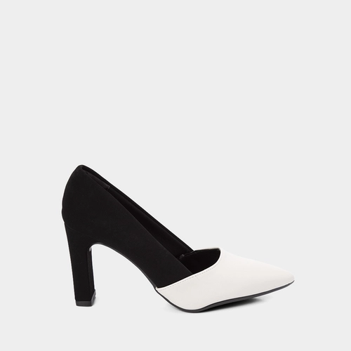 Scarpin Gabriela Salto Reto Alto Nobuck Preto & Off White