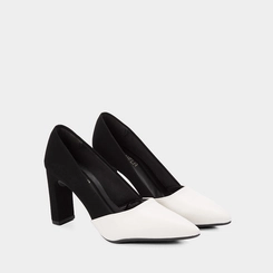 Scarpin Feminino Gabriela Salto Reto Alto Nobuck Preto & Off White