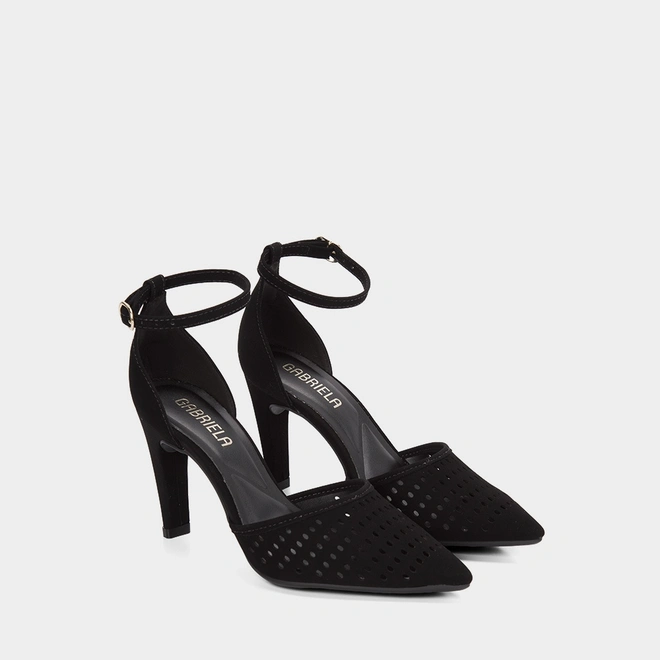 Scarpin Salto Reto Alto Com Recortes Vazados Nobuck Preto