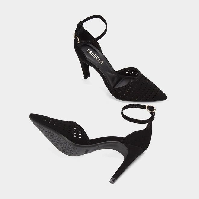 Scarpin Salto Reto Alto Com Recortes Vazados Nobuck Preto