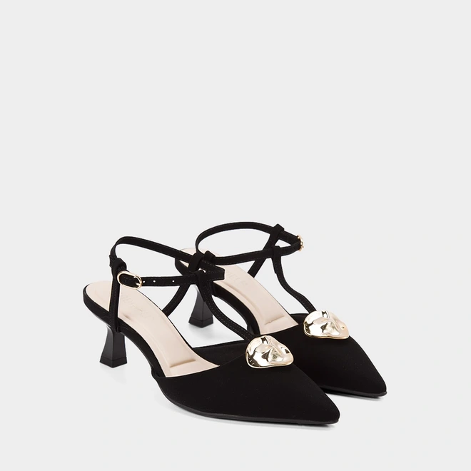 Scarpin Slingback Feminino Gabriela Salto Flare Nobuck Enfeite Metálico Preto