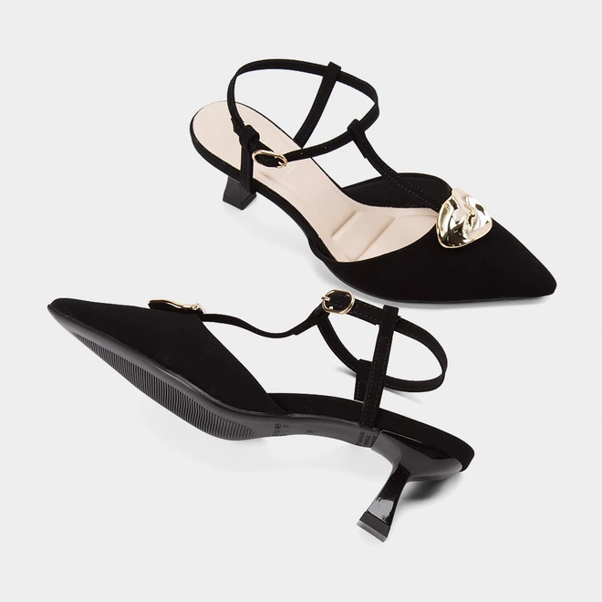 Scarpin Slingback Feminino Gabriela Salto Flare Nobuck Enfeite Metálico Preto