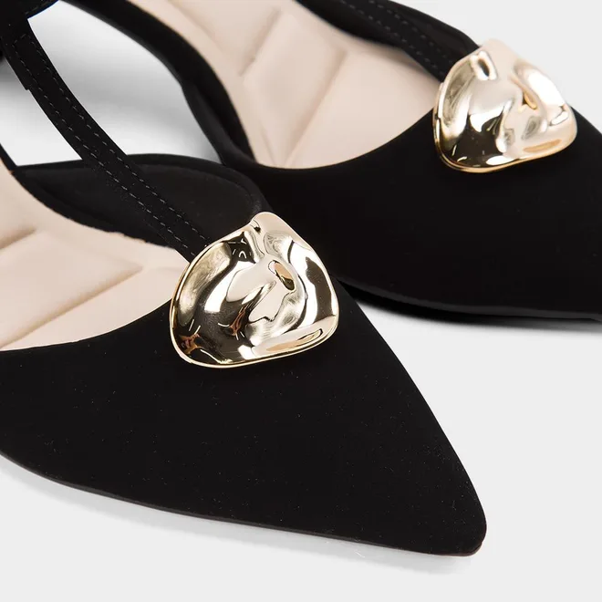 Scarpin Slingback Feminino Gabriela Salto Flare Nobuck Enfeite Metálico Preto
