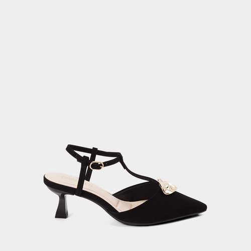 Scarpin Slingback Salto Flare Médio Gabriela Enfeite Bold Nobuck Preto