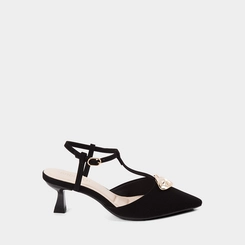 Scarpin Slingback Feminino Gabriela Salto Flare Nobuck Enfeite Metálico Preto