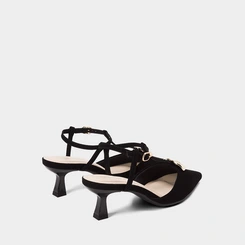 Scarpin Slingback Feminino Gabriela Salto Flare Nobuck Enfeite Metálico Preto