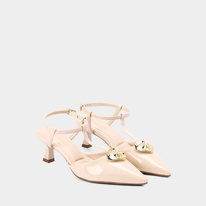 Scarpin Slingback Feminino Gabriela Salto Flare Enfeite Metálico Off White