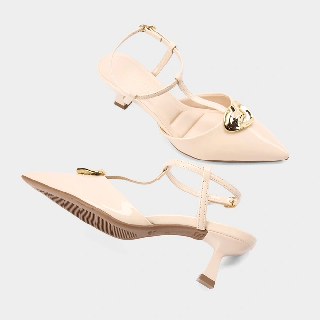Scarpin Slingback Feminino Gabriela Salto Flare Enfeite Metálico Off White