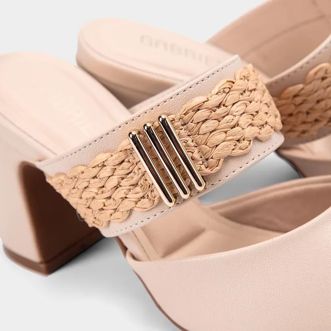 Tamanco Mule Feminino Gabriela Salto Bloco Detalhe Ráfia Off White