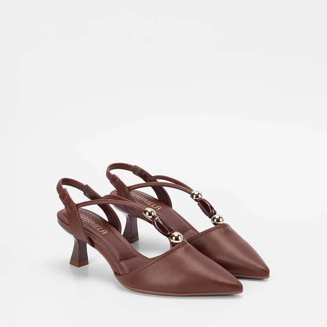 Scarpin Slingback Feminino Gabriela Detalhe Esfera & Pedraria Marrom